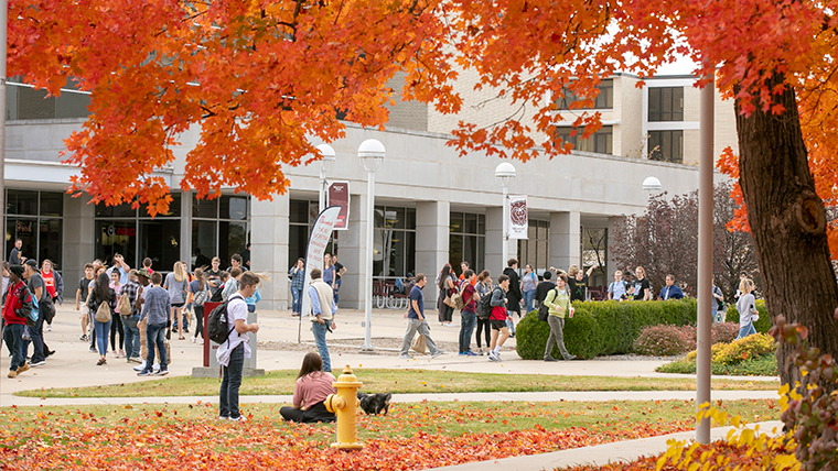 students in front of the plaster student union during fall
